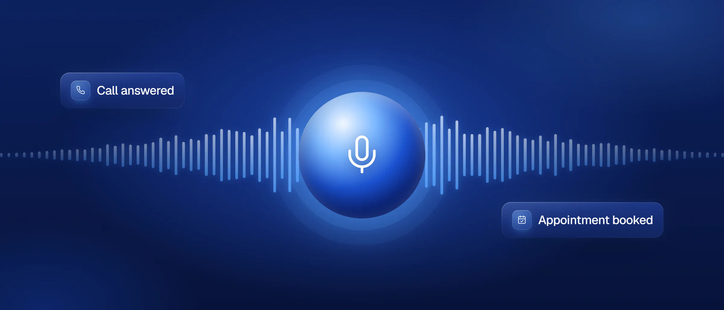 A glowing voice orb with a waveform spreading out from it, between a call answered and an appointment booked