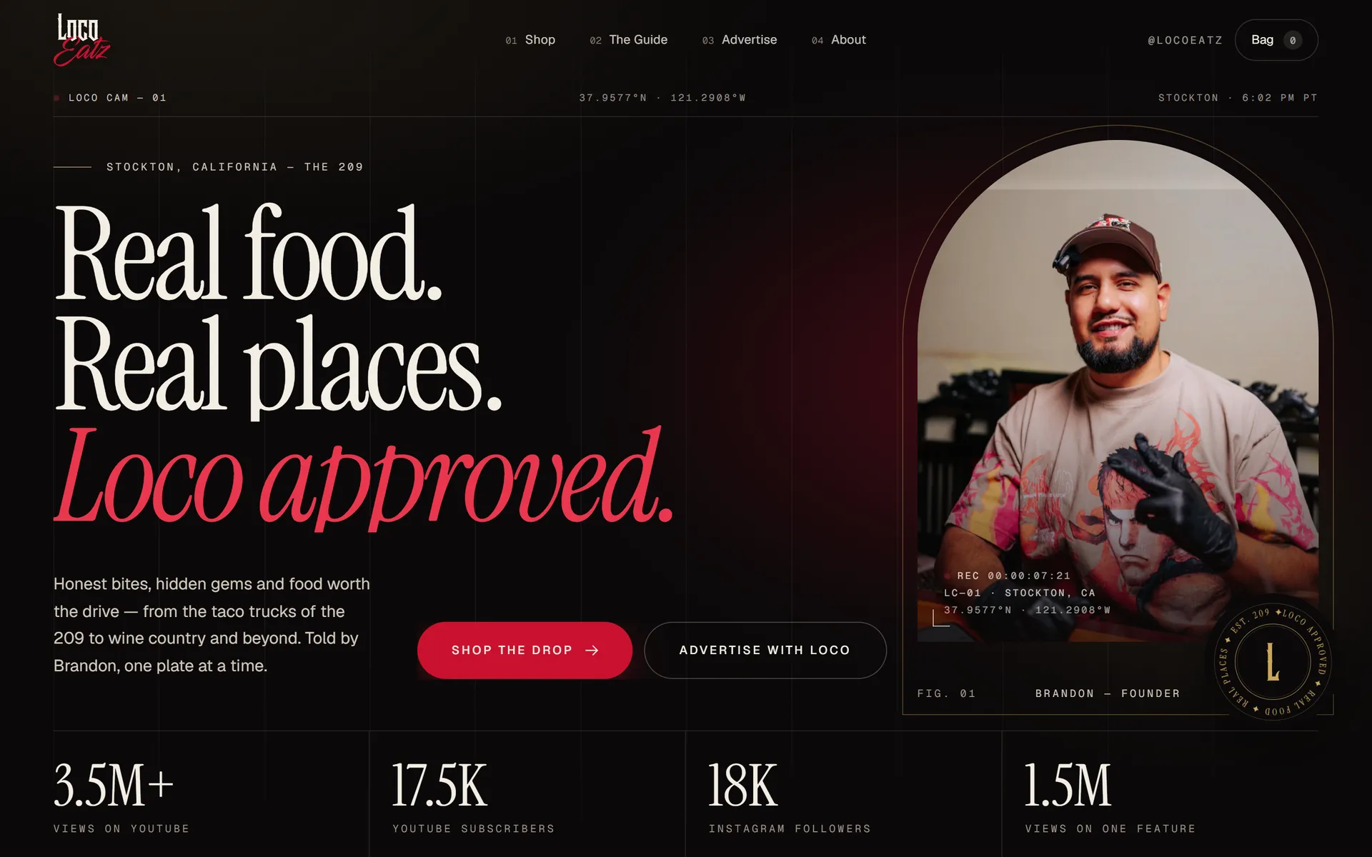 The Loco Eatz homepage: Brandon’s portrait in an arched frame beside the headline, under a camera-viewfinder layer